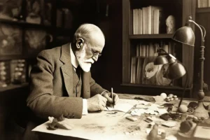 Sigmund Freud writing at his desk in his office surrounded by books and artifacts